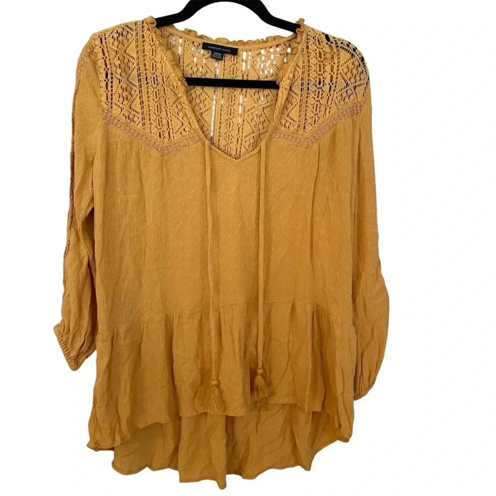 American Eagle Women’s 3/4 Sleeve Mustard Yellow Flowy Lace Top Size S GUC